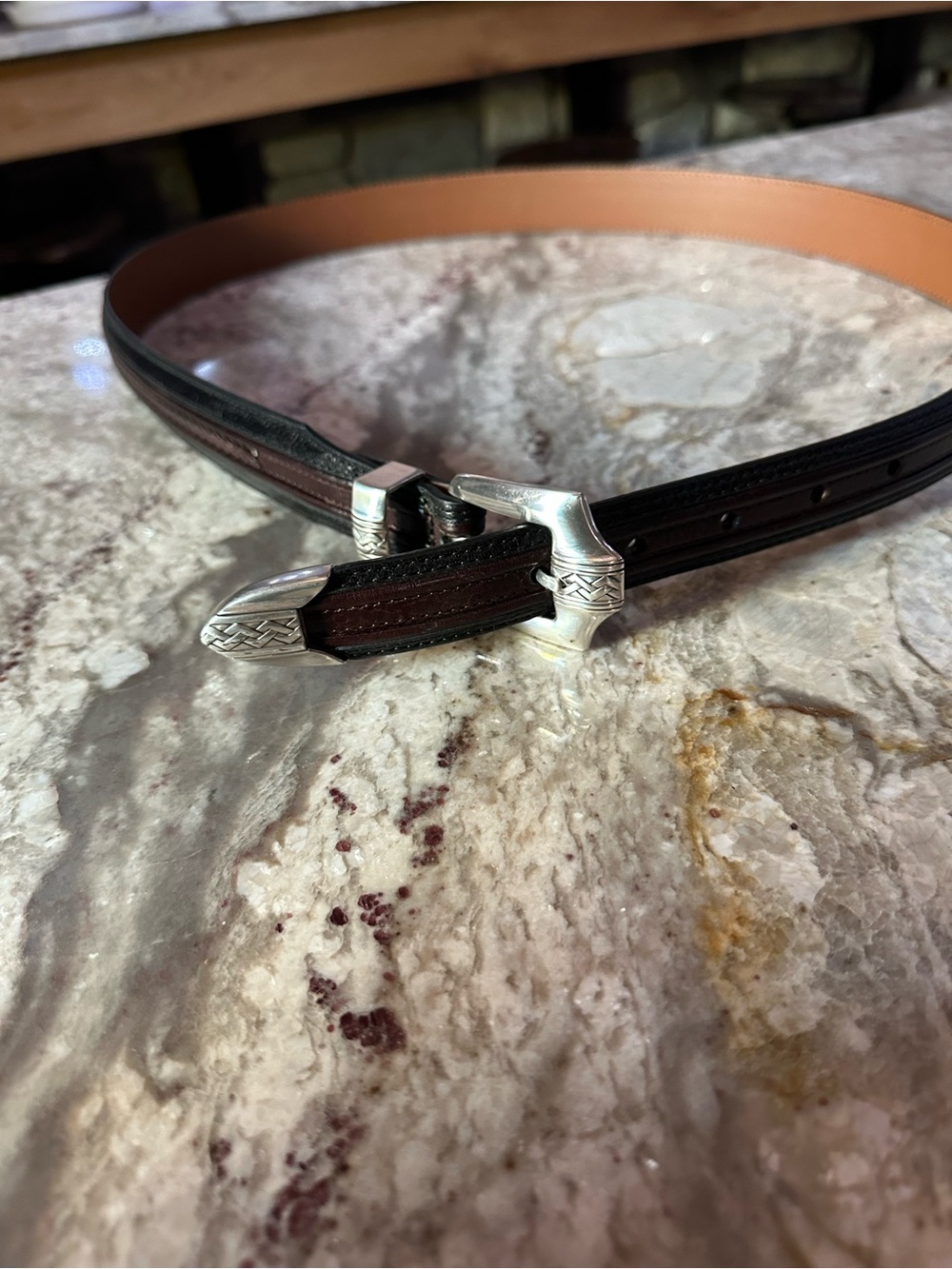Brighton Onyx Brown Leather Belt with Silver-Tone Buckle